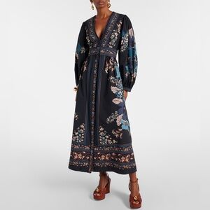 Farm Rio Maxi Blossom Tapestry Maxi Dress with Blue and Brown Accents